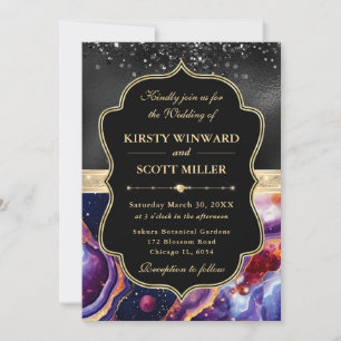 Elegant Celestial Agate Black Glitter Wedding Invitation
