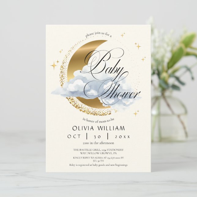 Elegant Celestial Beige Script Baby Shower  Invitation (Standing Front)