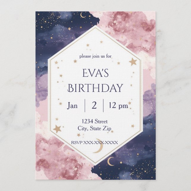 Elegant Celestial Birthday Invitation – Watercolor (Front)