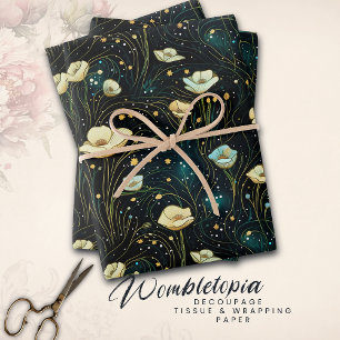 Elegant Celestial Floral Midnight Blue & Gold Wrapping Paper Sheet