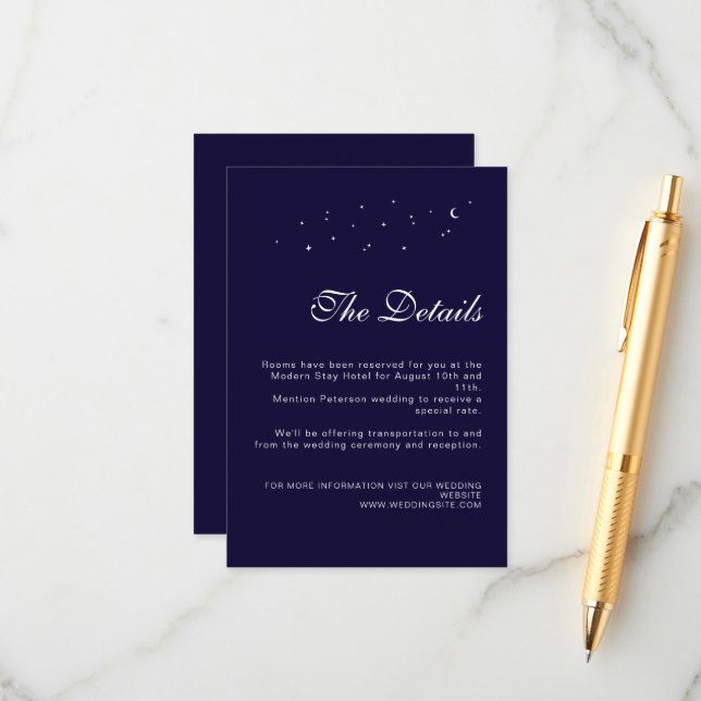 Elegant Celestial Midnight Blue Wedding Details Enclosure Card (Front/Back In Situ)