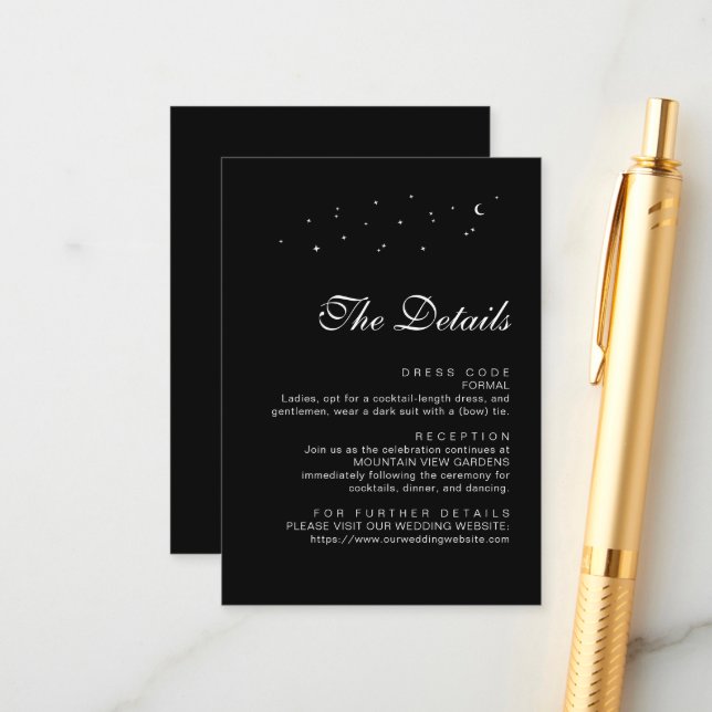 Elegant Celestial Minimal Black Wedding Details Enclosure Card (Front/Back In Situ)