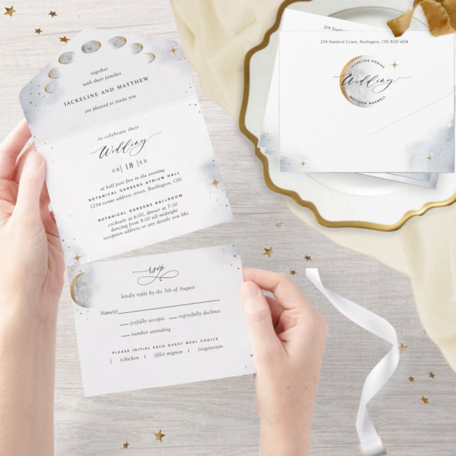 Elegant Celestial Moon and Stars Wedding All In One Invitation (Creator Uploaded)