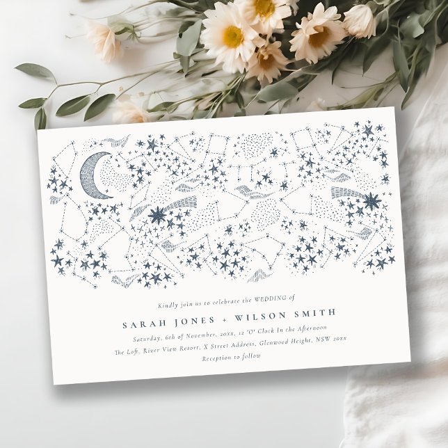 Elegant Celestial Navy Starry Night Moon Wedding Invitation (Creator Uploaded)