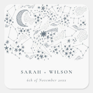 Elegant Celestial Navy Starry Night Moon Wedding Square Sticker