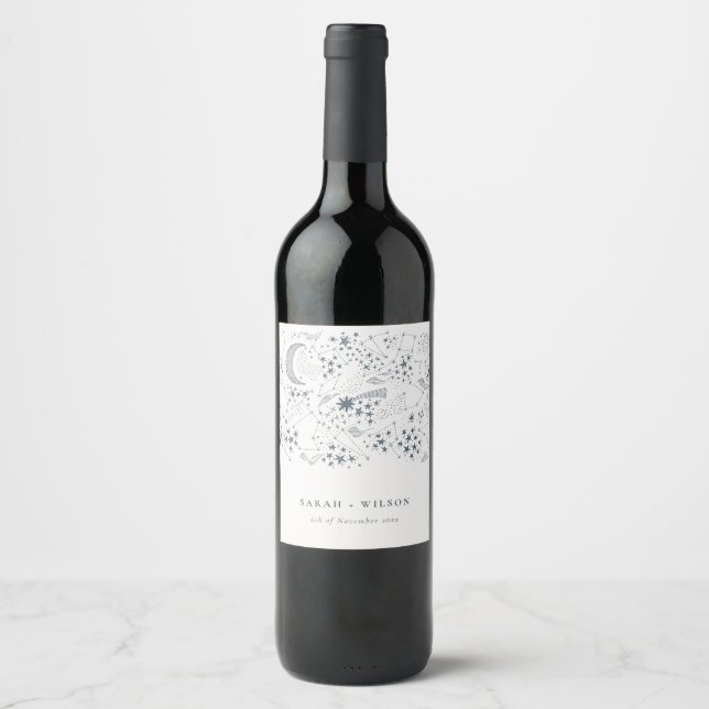 Elegant Celestial Navy Starry Night Moon Wedding Wine Label (Front)