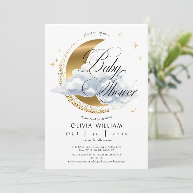 Elegant Celestial Neutral Script Baby Shower  Invitation (Standing Front)