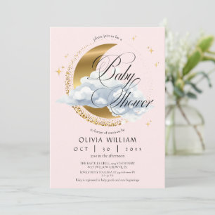 Elegant Celestial Pink Script Baby Shower  Invitation