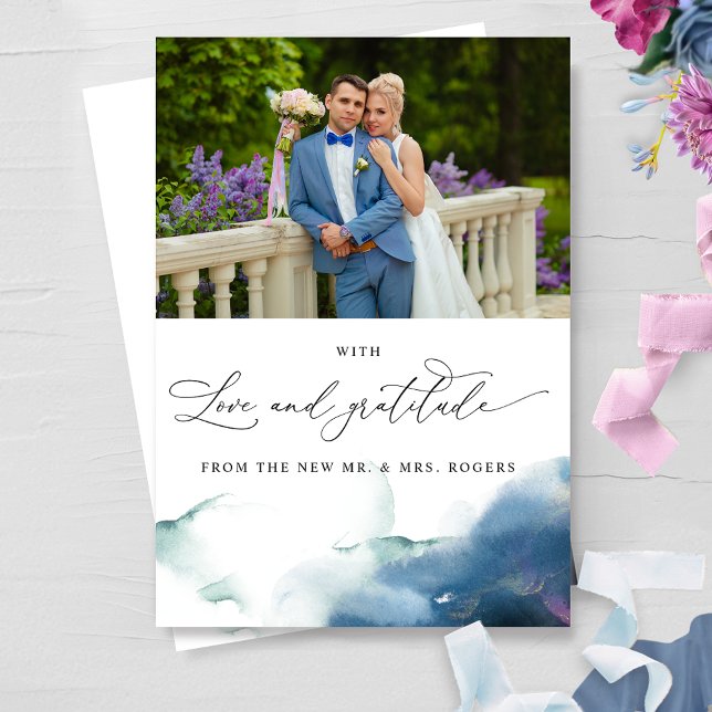 Elegant Celestial Watercolor Photo Wedding Thank You Card (Creator Uploaded)
