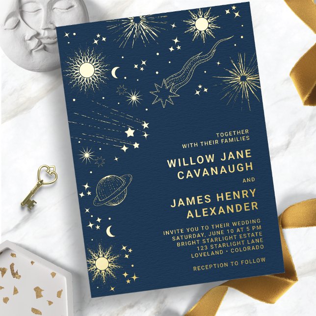 Elegant Celestial Wedding (Navy Blue and Gold Elegant Celestial Wedding Foil Invitation
)