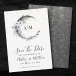 Elegant Celestial Wedding Save The Date Invitation<br><div class="desc">Boho Star Crescent Moon Celestial Monogram Save the Date. Celebrate an evening under the stars with this whimsical boho celestial wedding theme. Featuring a watercolor midnight sky crescent moon, gold stars, and subtle boho bohemian accents, this design creates an elegant and playful look. The back showcases a dark starry night...</div>