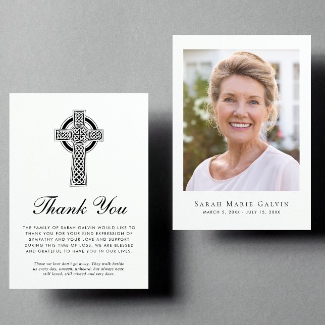 Elegant Celtic Cross Photo Memorial Thank You Card (Creator Uploaded)