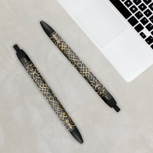 Elegant Celtic Pattern Black Gold Monogram Initial Black Ink Pen