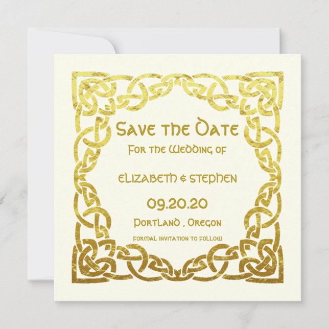 Elegant Celtic Wedding Ivory Faux Gold Celtic Knot Save The Date (Front)