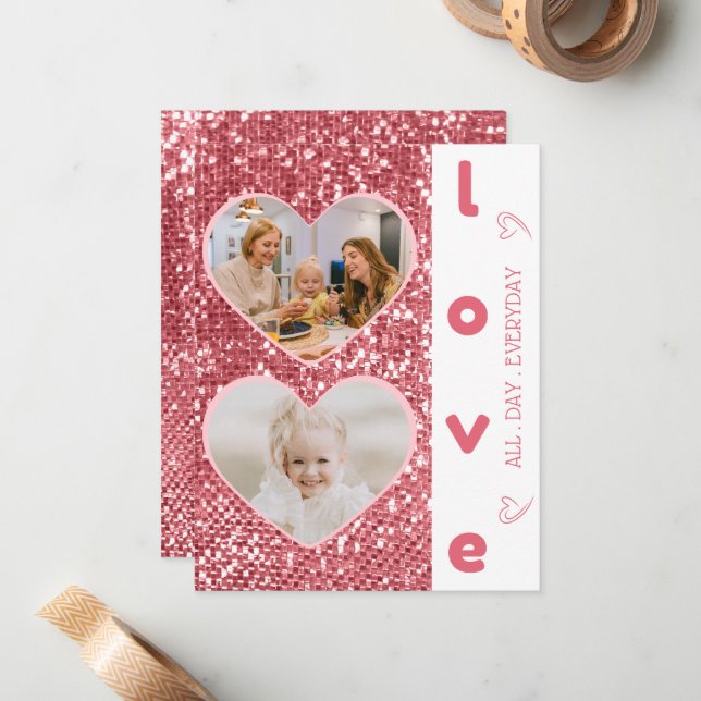Elegant Cerise Heart Shaped Photo Valentine's Day Card (Front/Back In Situ)