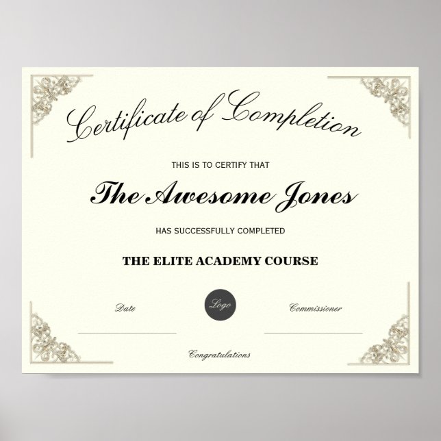 Elegant Certificate of Completion Custom Logo Poster (Front)