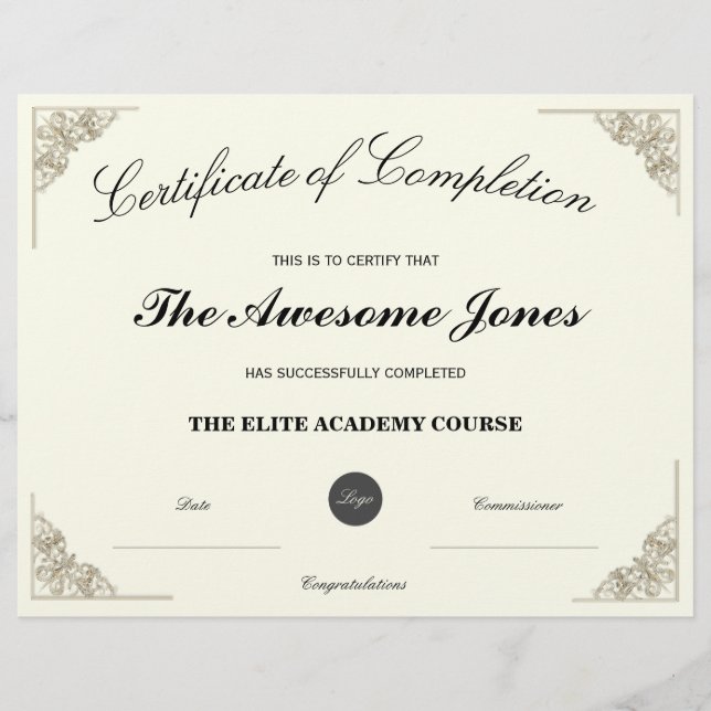 Elegant Certificate of Completion with Custom Logo (Front)