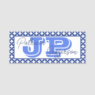 Elegant Cerulean Blue Mesh Unique Monogram Name Tag