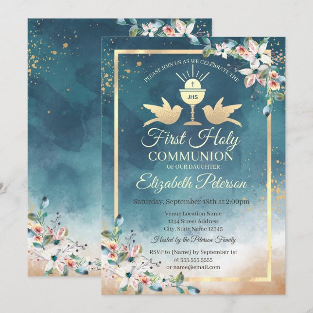 Elegant Chalice Floral First Holy Communion   Invitation (Front/Back)