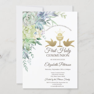 Elegant Chalice Succulents First Holy Communion   Invitation