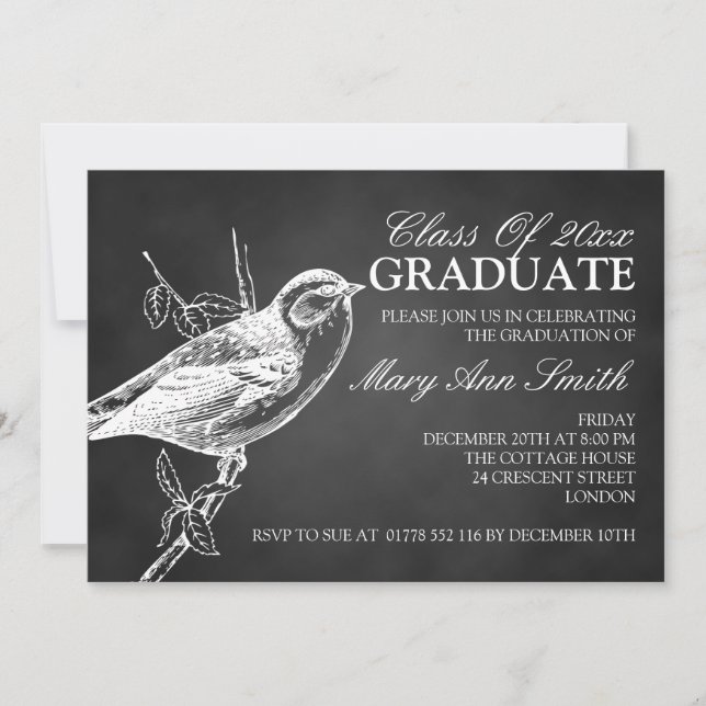 Elegant Chalkboard Bird Graduation Party Black Invitation (Front)