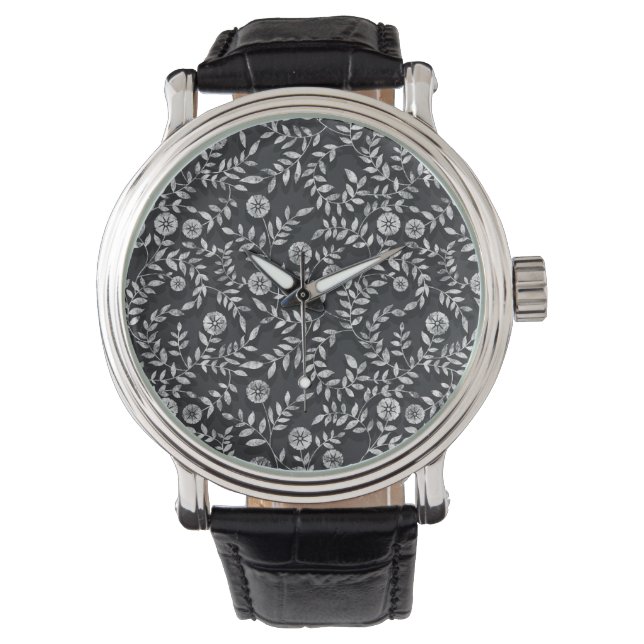 Elegant Chalkboard Floral Pattern Watch (Front)