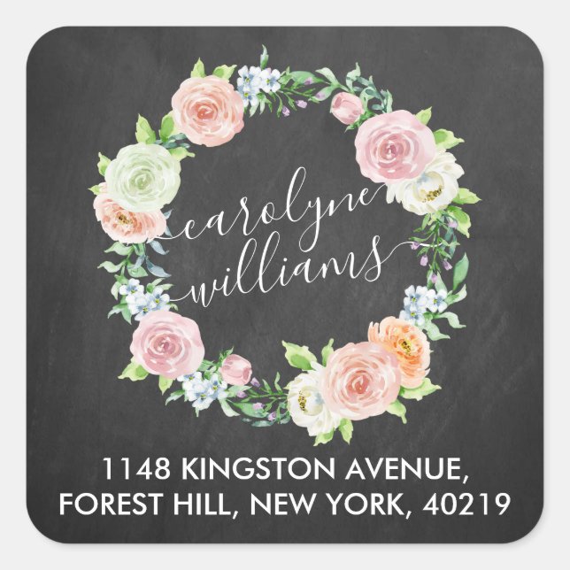 Elegant Chalkboard Floral Wreath Return Address Square Sticker (Front)