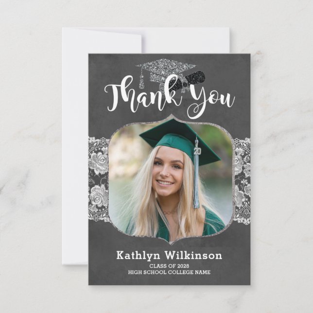 Elegant Chalkboard Lace Photo Graduation Thank You Invitation (Front)