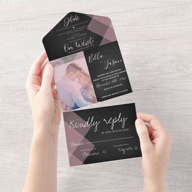 Elegant Chalkboard Pastel Monogram Photo Wedding All In One Invitation (Tearaway)