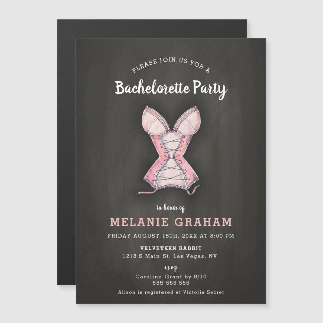 Elegant Chalkboard Pink Corset Bachelorette Party Magnetic Invitation (Front/Back)