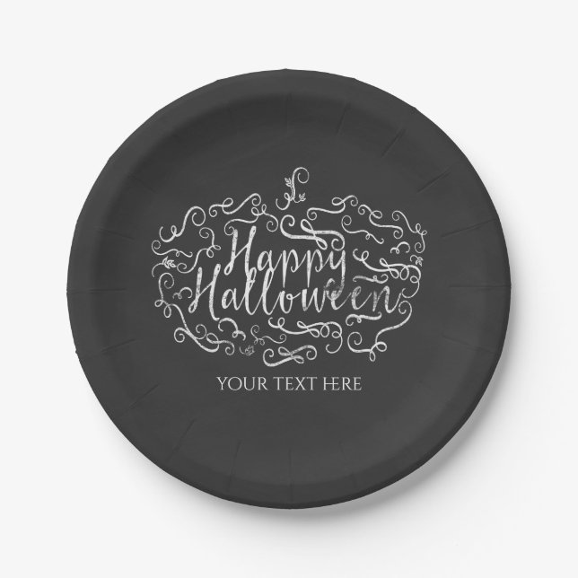 Elegant Chalkboard Pumpkin Happy Halloween Party Paper Plate (Front)