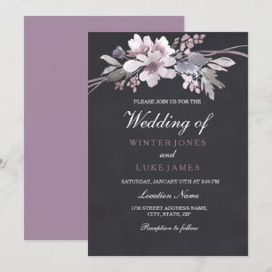 Elegant Chalkboard Purple Floral Winter Wedding Invitation