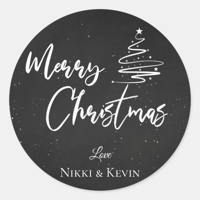 Elegant Chalkboard Script Merry Christmas Tree Classic Round Sticker (Front)