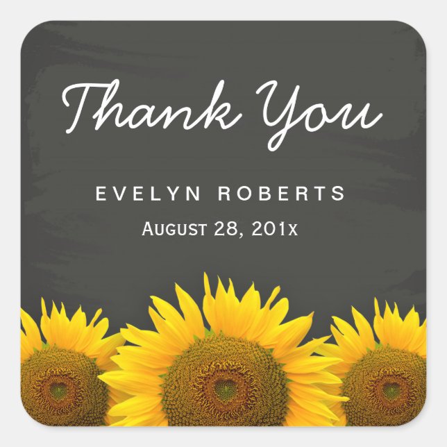 Elegant Chalkboard Yellow Sunflowers Thank You Square Sticker (Front)