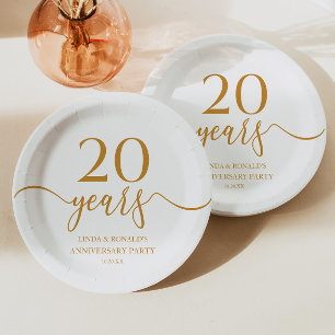 Elegant Champagne 20th Wedding Anniversary Paper Plate