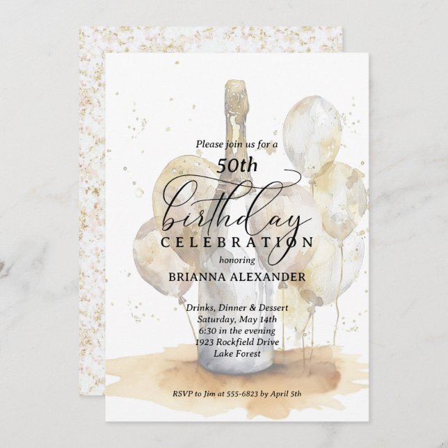Elegant Champagne and Balloons Birthday Invitation (Front/Back)