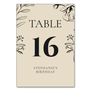 Elegant Champagne and Black Floral Birthday Table Number