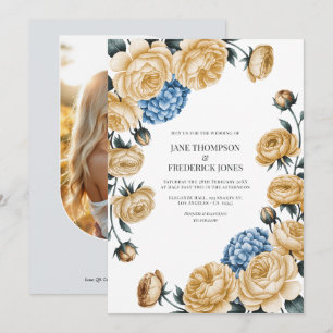 Elegant Champagne and Dusty Blue Floral Wedding Invitation