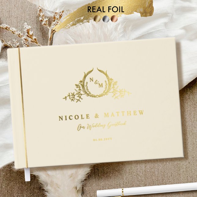 Elegant Champagne and Real Foil Monogram Wedding Guest Book (Creator Uploaded)