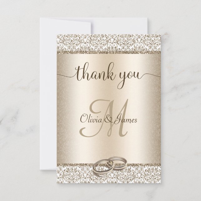 Elegant Champagne Damask Monogram Wedding Thank You Card (Front)