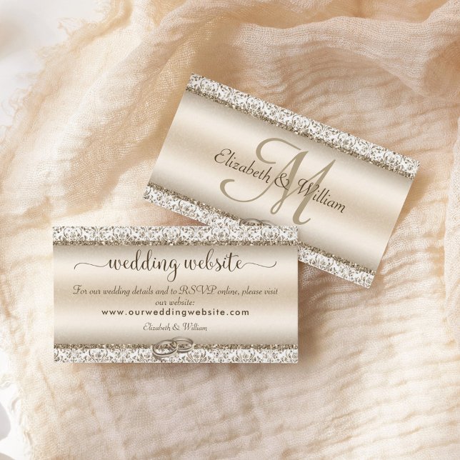 Elegant Champagne Damask Monogram Wedding Website Enclosure Card (Creator Uploaded)