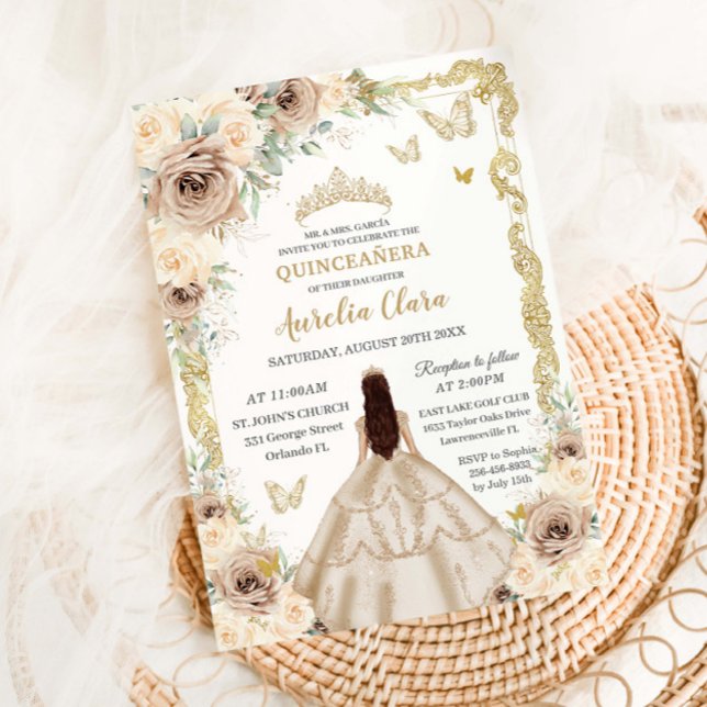 Elegant Champagne Floral Vintage Gold Quinceanera  Invitation (Creator Uploaded)
