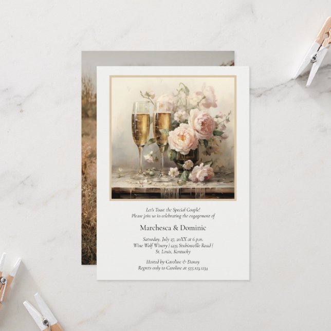 Elegant Champagne Flutes Floral Engagement Party | Invitation (Front/Back In Situ)