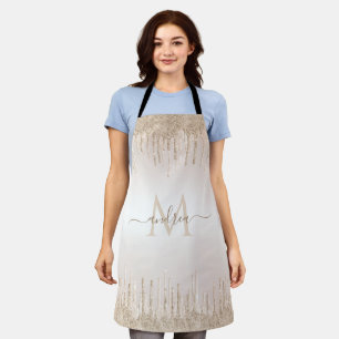 Elegant Champagne Glitter Dripping Girly Monogram Apron