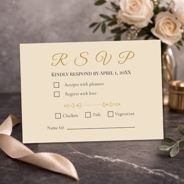 Elegant Champagne Gold 50th Anniversary RSVP Card (Elegant champagne gold RSVP card styled for a romantic 50th anniversary table setting)
