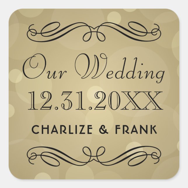 Elegant Champagne Gold and Black Wedding Monogram Square Sticker (Front)