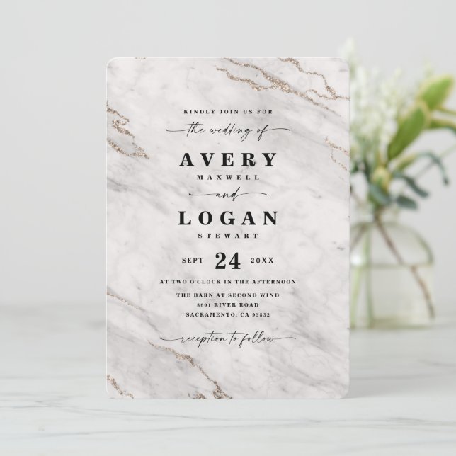 Elegant Champagne Gold Metallic Marble Wedding Invitation (Standing Front)