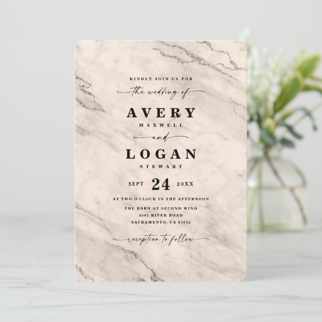 Elegant Champagne Gold Metallic Marble Wedding Invitation (Standing Front)