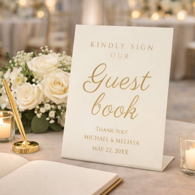 Elegant Champagne Gold Wedding Guest Book Pedestal Sign (Romantic wedding guest book table with candles and ivory roses)