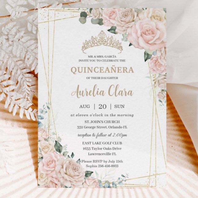 Elegant Champagne Ivory Blush Floral Quinceañera  Invitation (Creator Uploaded)